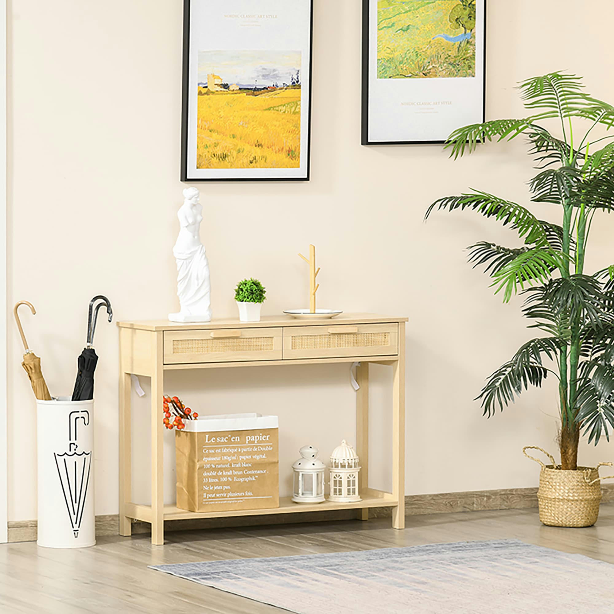 - Console 2 tiroirs façades cannage en rotin étagère aspect bois clair