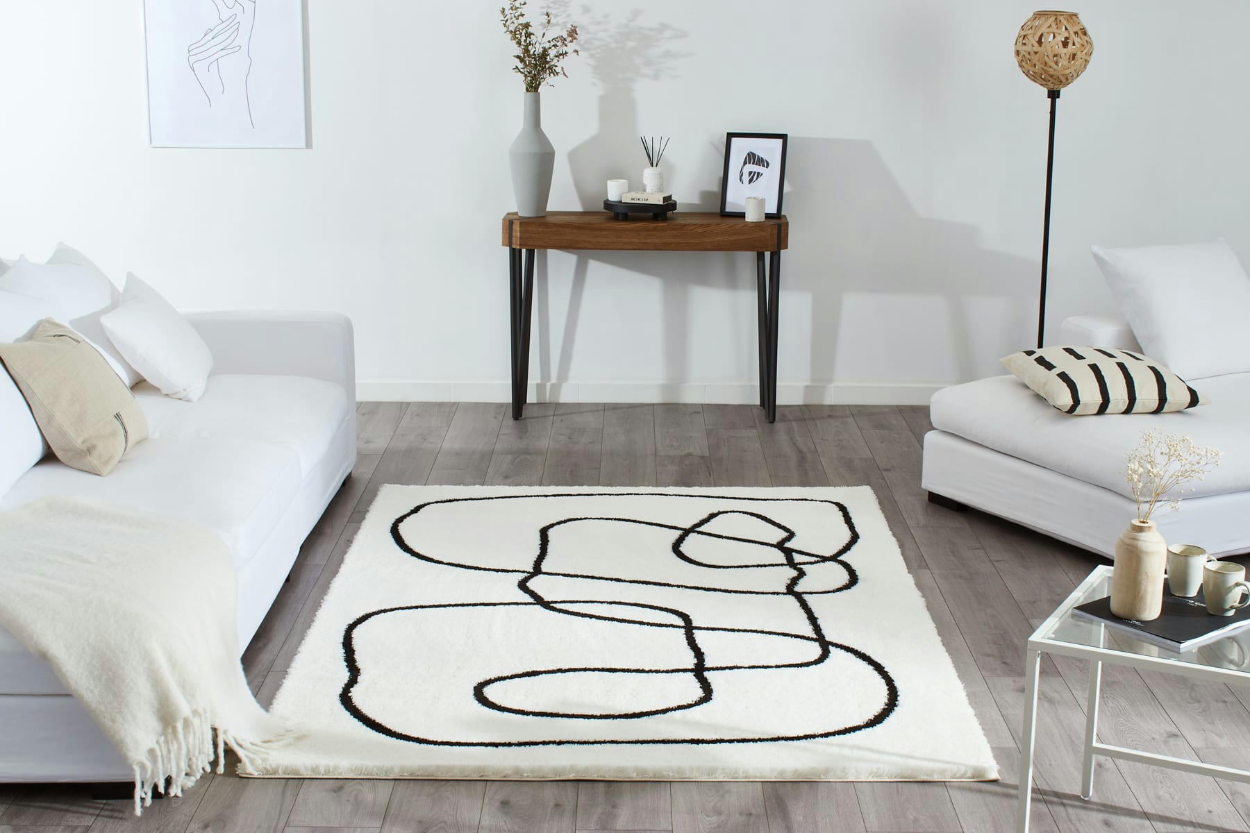 LASSO - Tapis salon shaggy de style abstrait noir et blanc - 200x290 cm