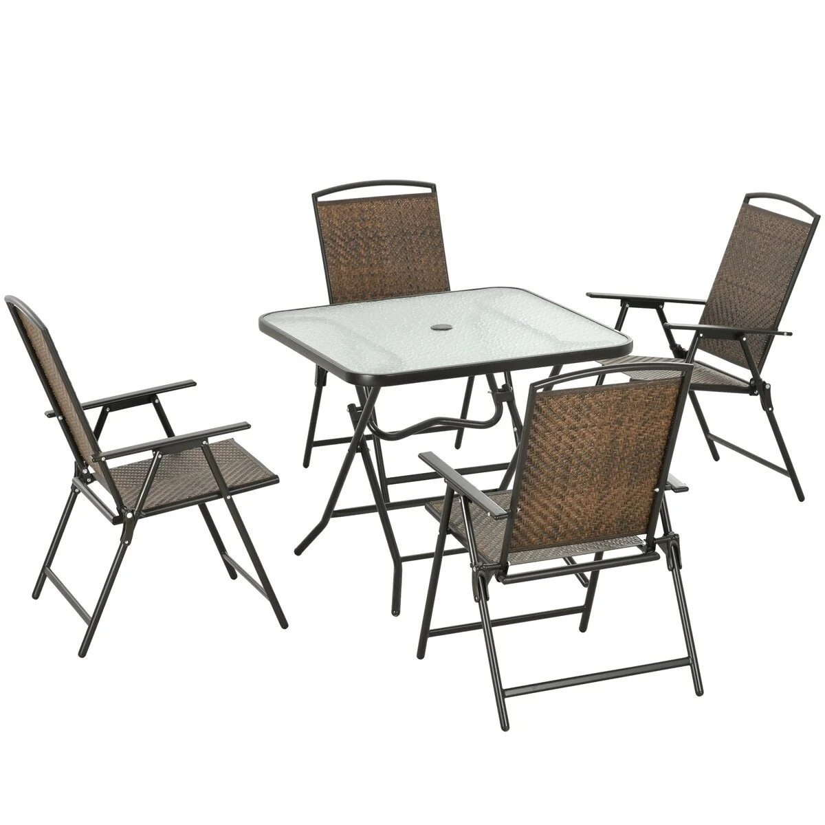 Outsunny 5 Pieces Wicker Patio Dining Set, Foldable Outdoor Table and Chairs, Wicker Furniture Dining Set with Umbrella Hole