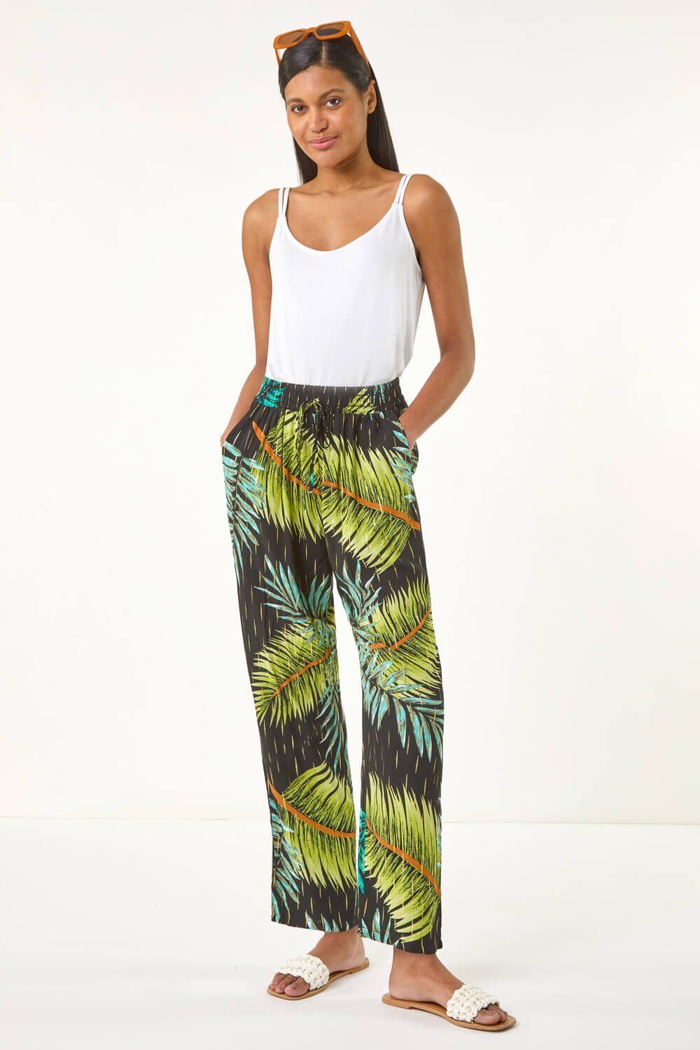 Roman Shimmer Palm Print Harem Trouser