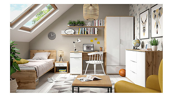 Bureau avec 1 portes et 1 tiroir coloris Chêne wotan/Blanc brillant - Longueur 120 x Profondeur 60 x Hauteur 76 cm