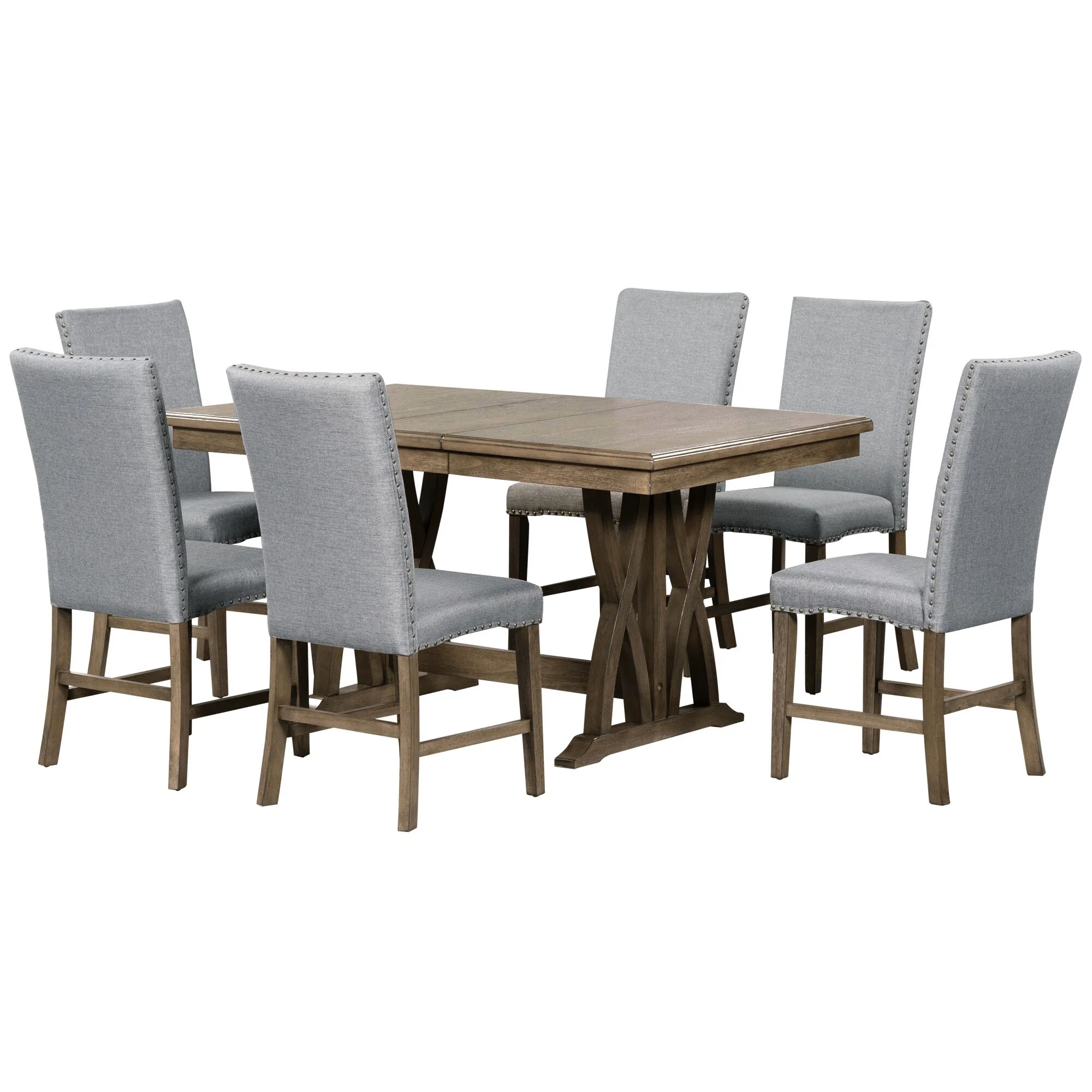 Roomfitters Mid-Century 7-Piece Extendable Wood Dining Table Set with Upholstered Chairs and 12 Leaf, Gray