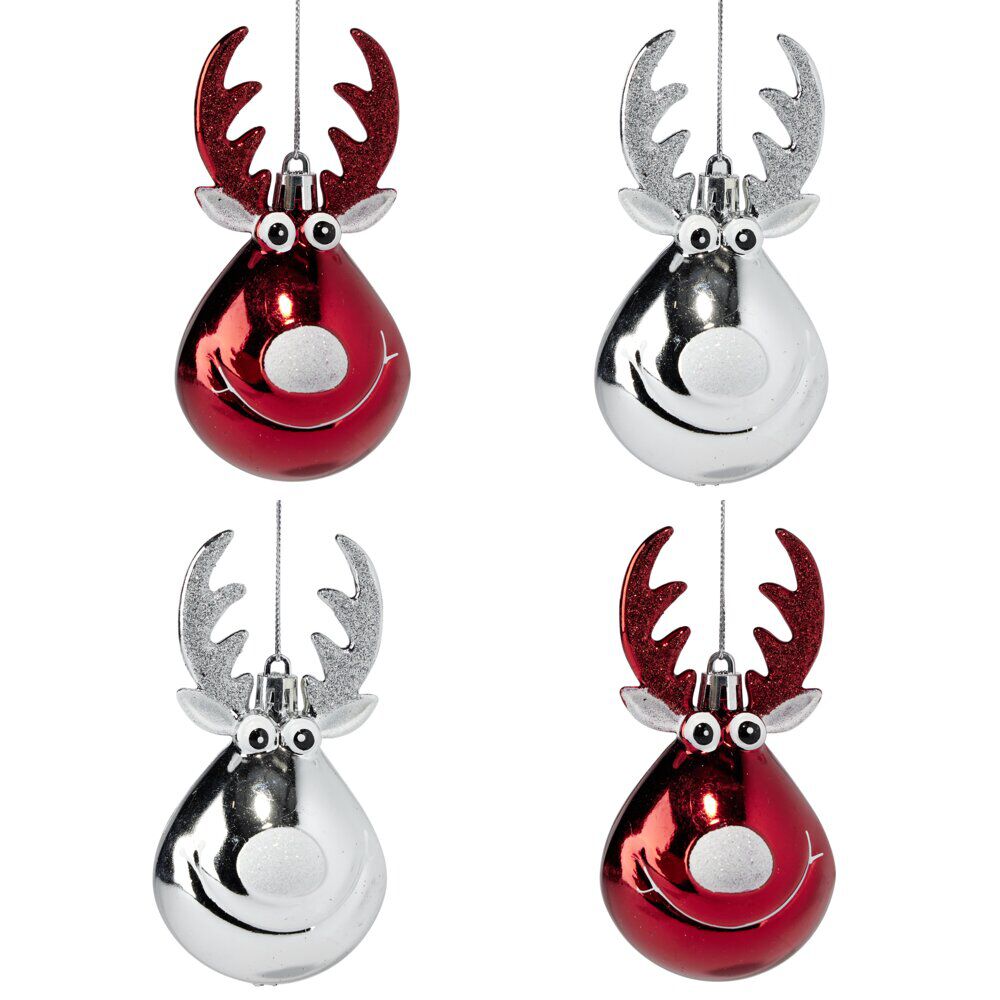 Boule de No&euml;l forme renne x4 plastique rouge et argenté Ø6xH10cm
