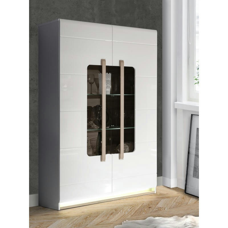 ALEXIANE - Vitrine 2 portes laquée blanche et décor chêne naturel
