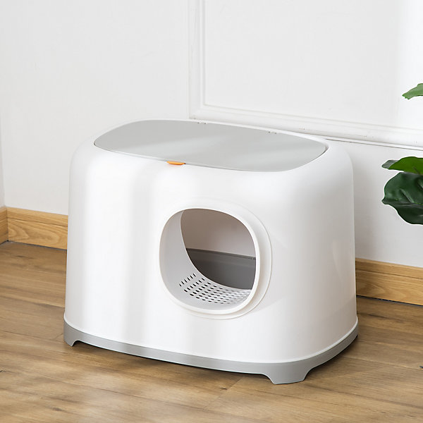 Maison de toilette litière pour chat - porte, couvercle ouvrant- pelle incluse - blanc gris clair