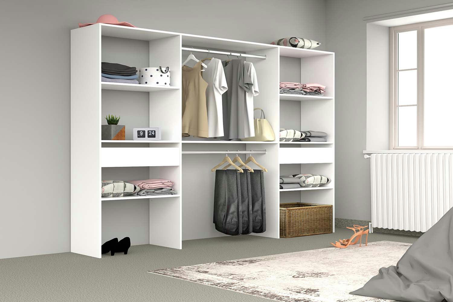 ELYSEE - Grand dressing blanc avec 2 penderies, 6 étagères et 2 tiroirs