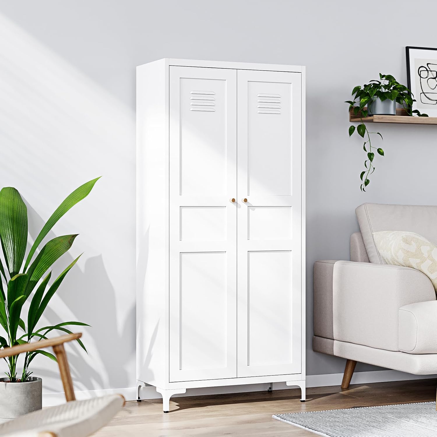 Yizosh Metal Storage Cabinet with 2 Doors and 4 Adjustable Shelves - 61 White Kitchen Pantry Storage 5-Tier Tall Steel Cabinets Locker for Kitchen, Living Room, Dining Room