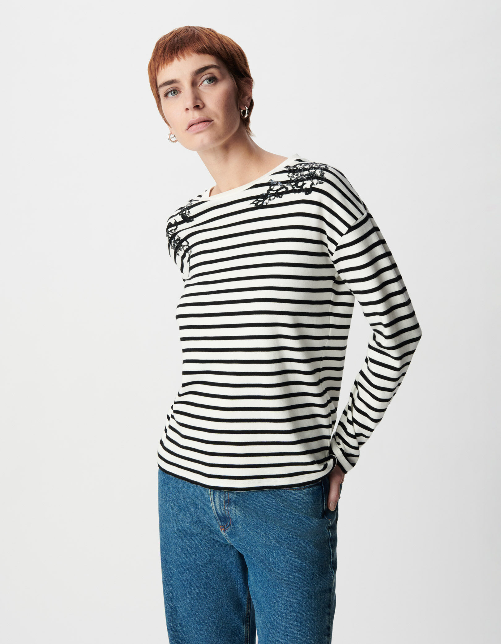 Tee-shirt marinière coton bio broderies épaules Femme