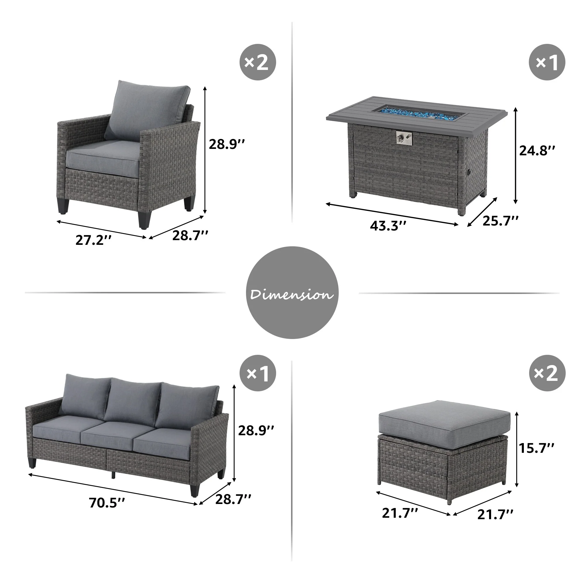 Outdoor 6 Pieces Wicker Sectional Sofa Set with Fire Pit Table