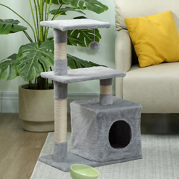Arbre à chat H.81cm niche 3 griffoirs 2 plateformes jeu boule suspendue gris