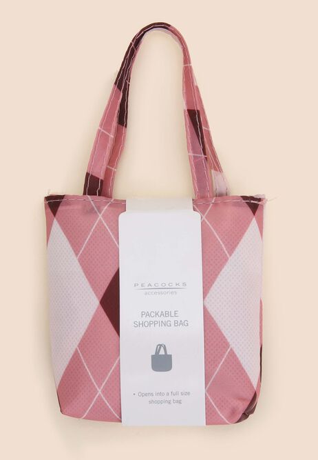 Womens Pink Argyle Foldable Shopper Tote Bag