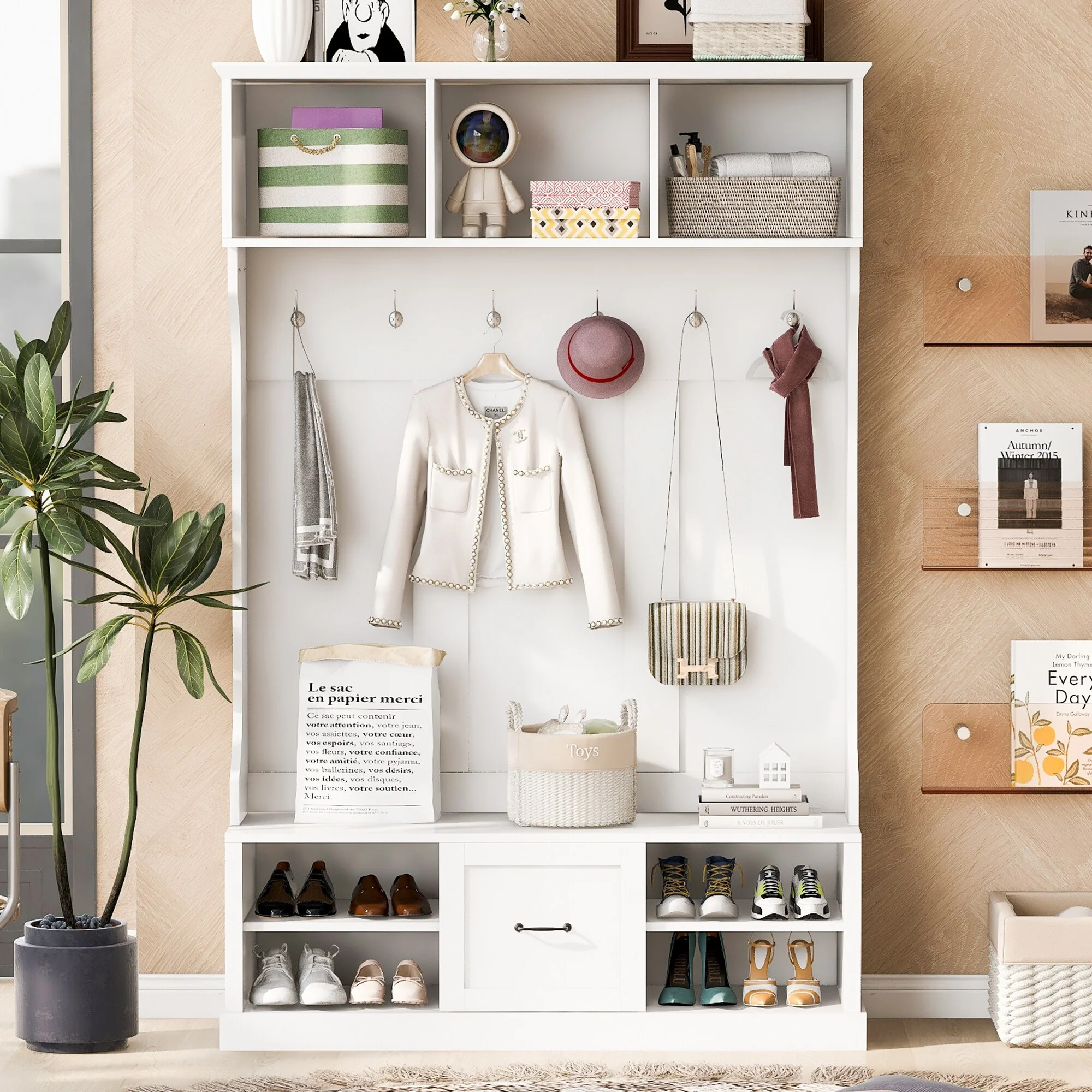 Storage Bench with Shoe Rack 57 Hall Tree Wood Coat Tree with 6 Hooks, Open Coat Hanger for Entrance, Living Room