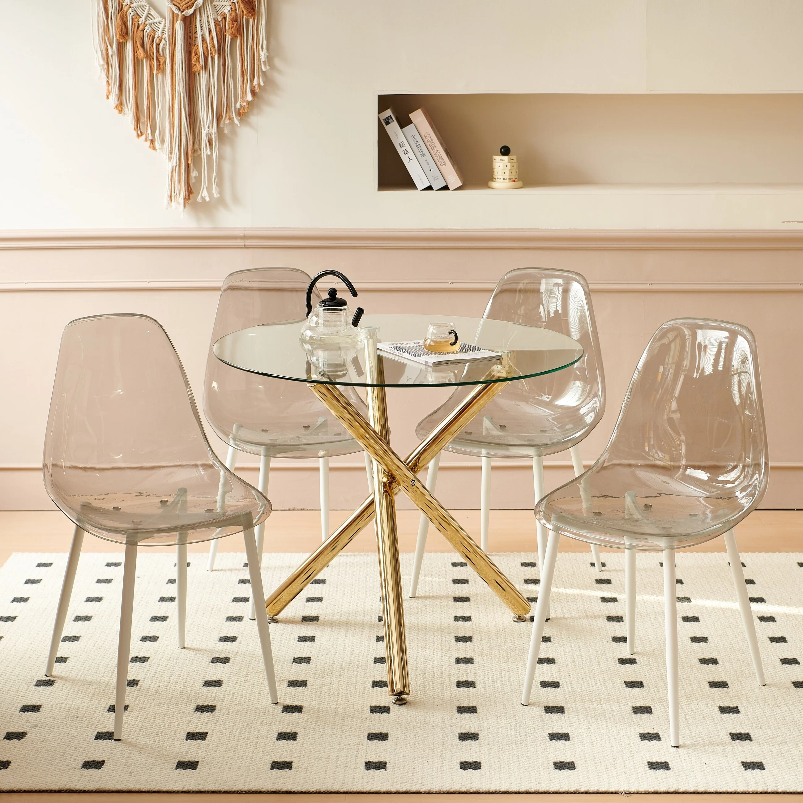 1+4,5pieces dining set, Table metal leg Mid-century Dining Table for 4-6 people With glass Table Top