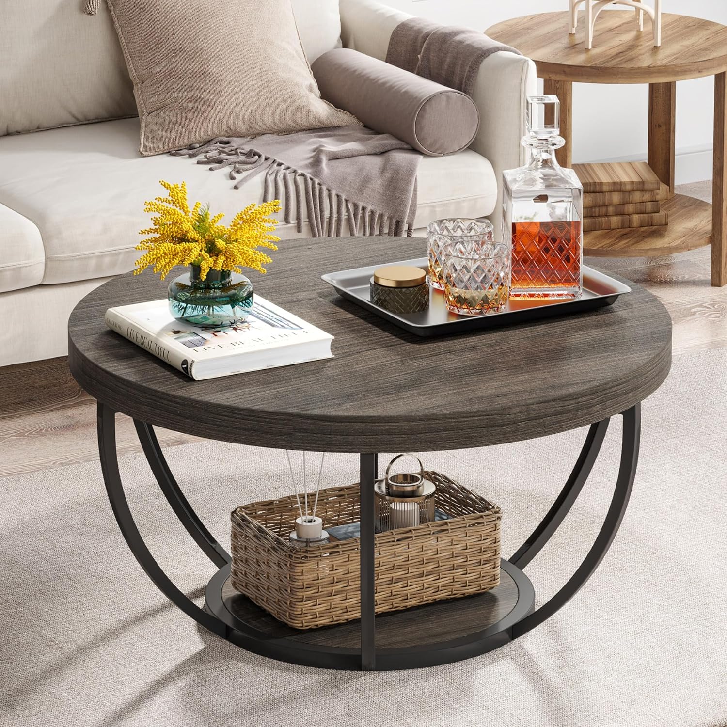 Tribesigns Round Coffee Table, 31.7 Wooden 2-Tier Circle Coffee Table with Storage Shelves, Modern Accent Cocktail Table Center Table for Living Room, Grey