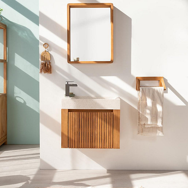 Lave main et meuble suspendu en teck Luxe 60 crème