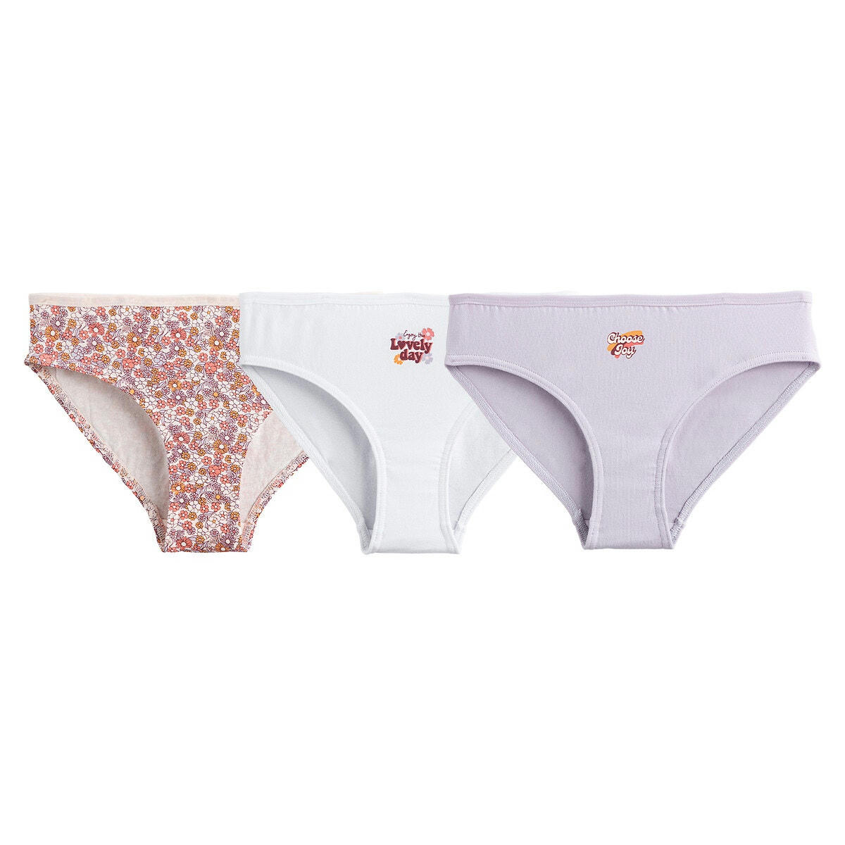 Lot de 3 culottes, imprimé message et fleurs