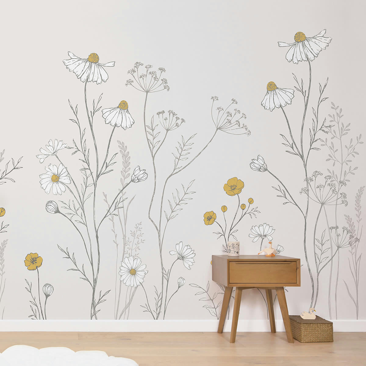 CHAMOMILLE - Papier peint panoramique fleurs camomille fond beige  4m x 2,48m