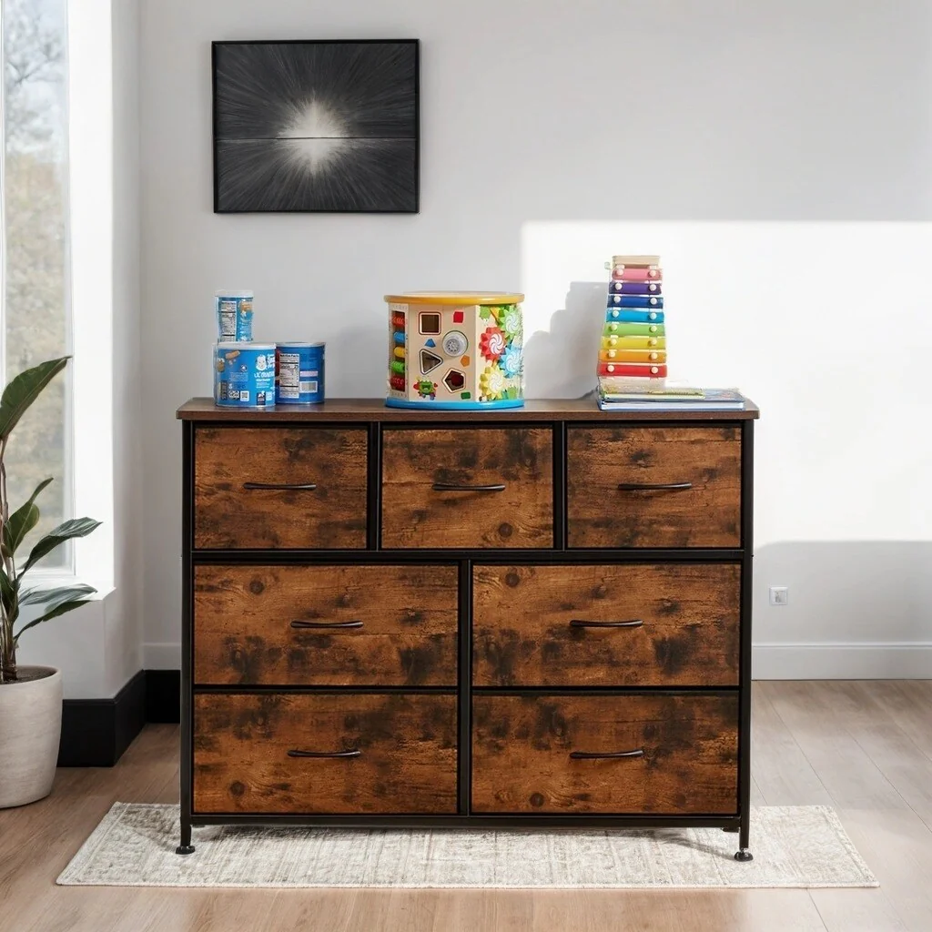 Modern 7-Drawers Dresser, Acacia Wood Storage Cabinet Organizer Lockers with Sturdy Frame & Feet for Bedroom Hallways, Brown