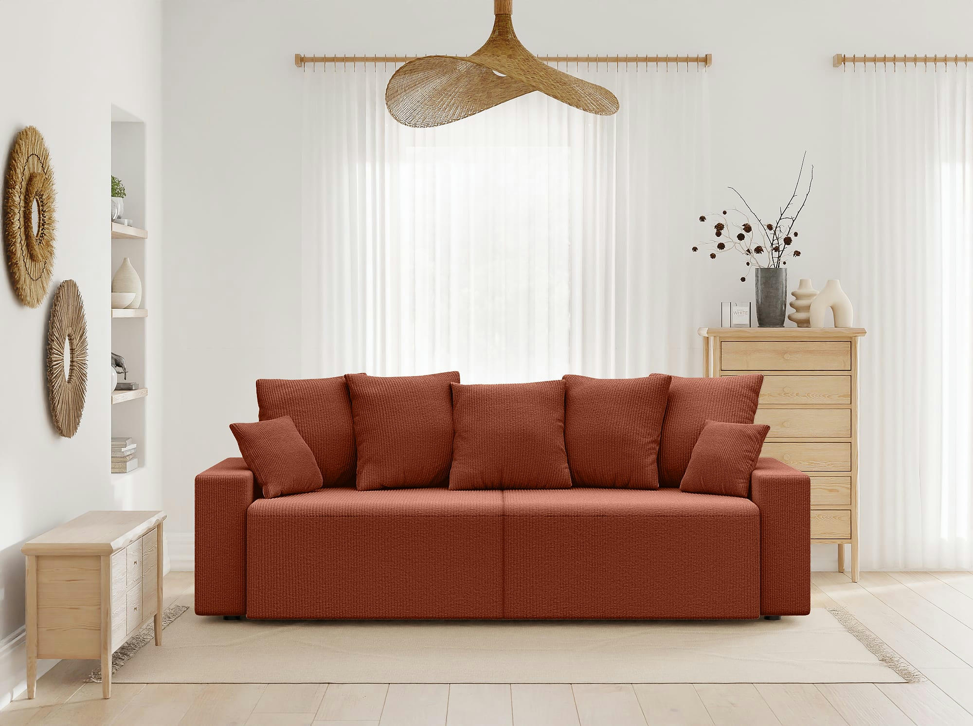 ALMA - Canapé droit convertible en velours côtelé 3 places terracotta