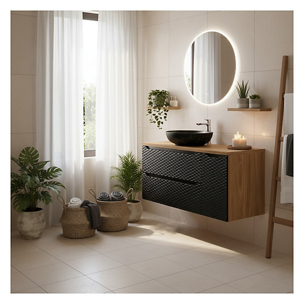 Ensemble de salle de bain YOKA noir : meubles sous vasque 120 cm et plan pour vasque et vasque à poser effet marblre noir et or
