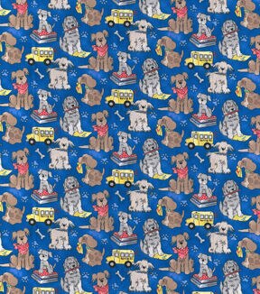 Back To School Puppies on Blue Novelty Cotton Fabric