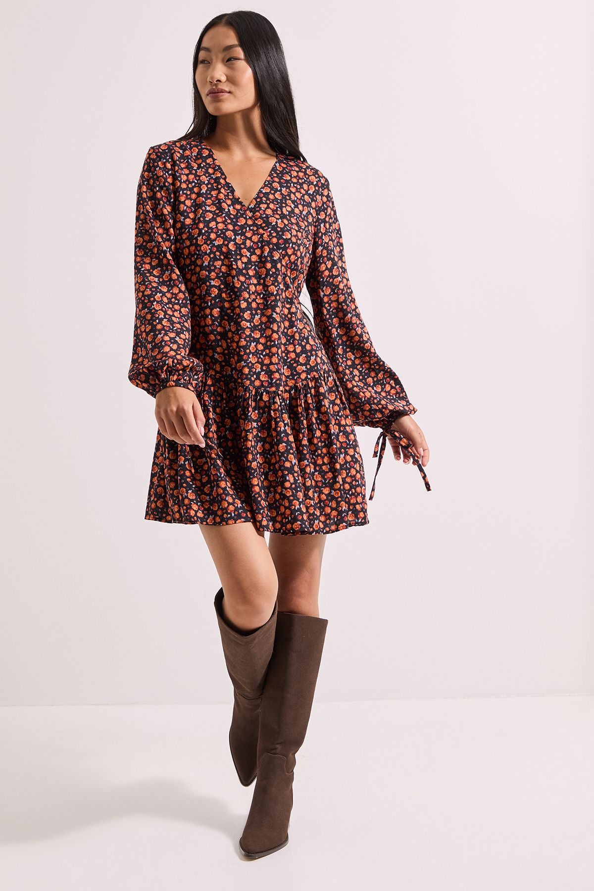 Dorothy Perkins Orange Ditsy Print Dropped Seam Detail Wrap Front Mini Dress