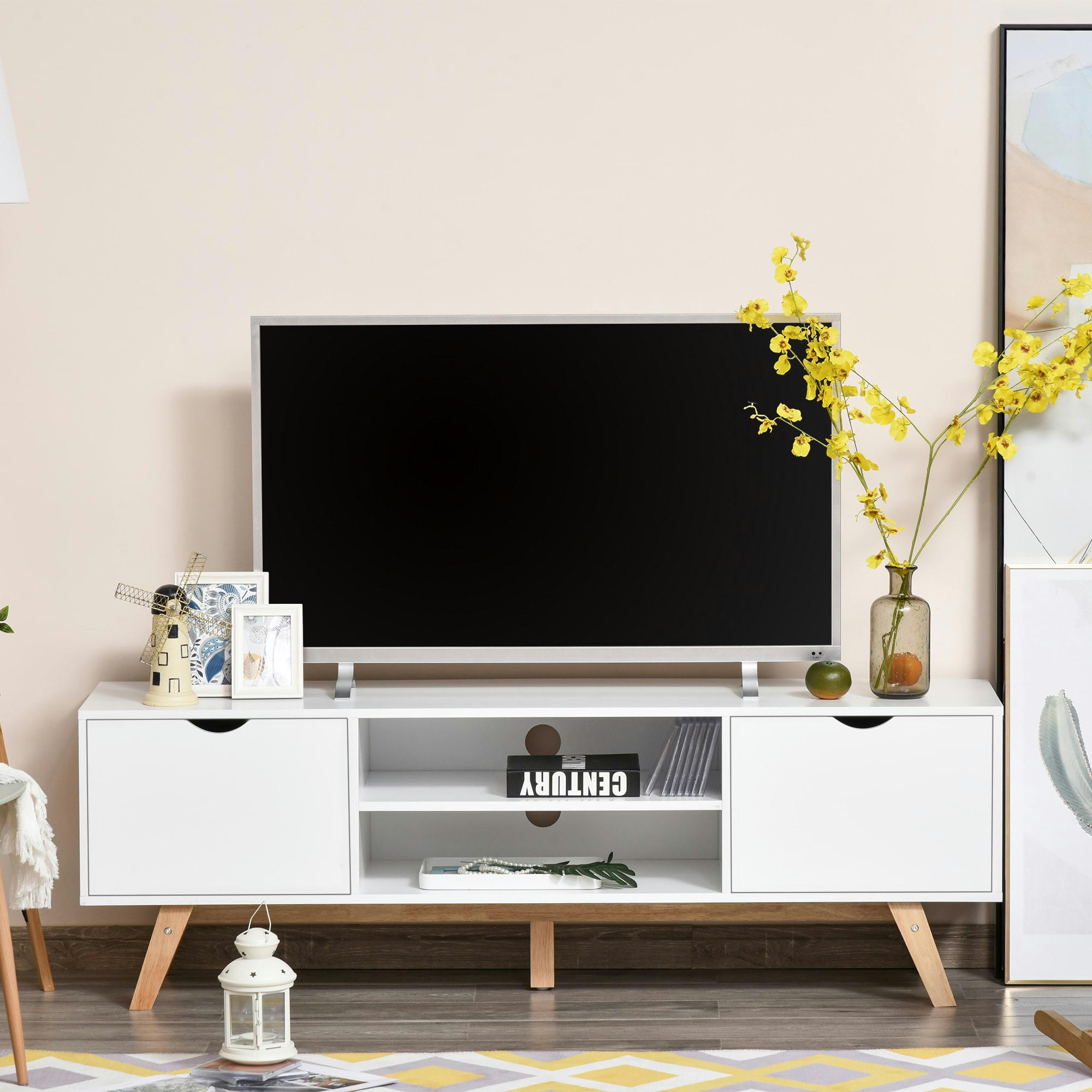 - Meuble TV style scandinave 2 portes 2 niches blanc bois hévéa