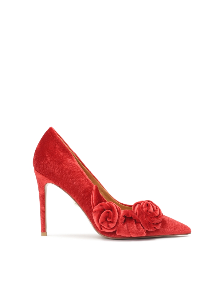 Red fabric pumps with 3D flowers