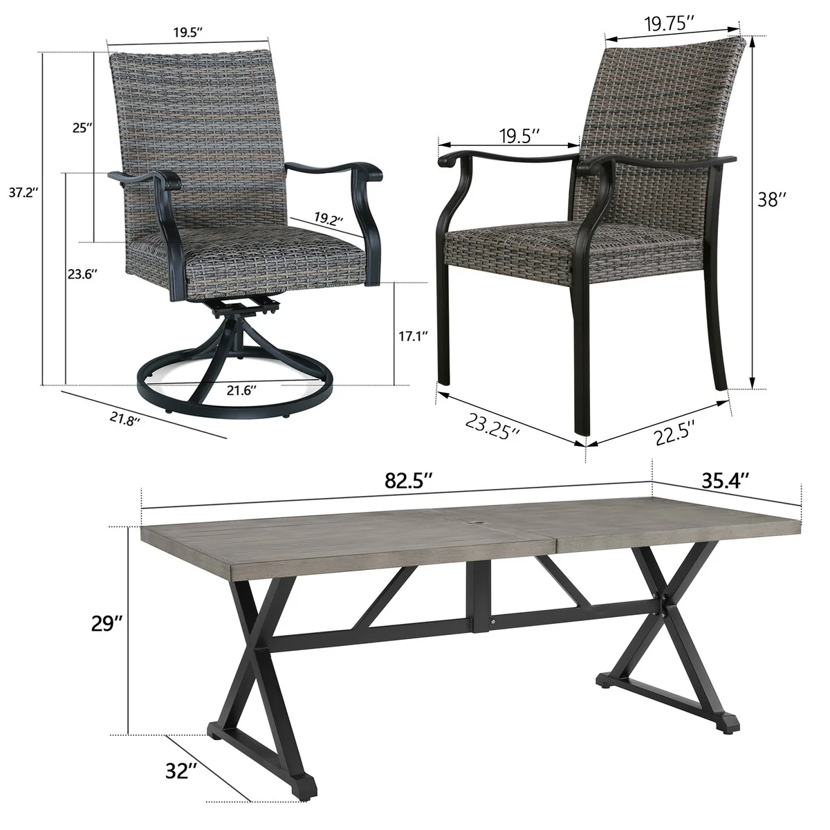 Patio Dining Set with 6 Wicker Arm Chairs, 2 Swivel Chairs and 1 Table