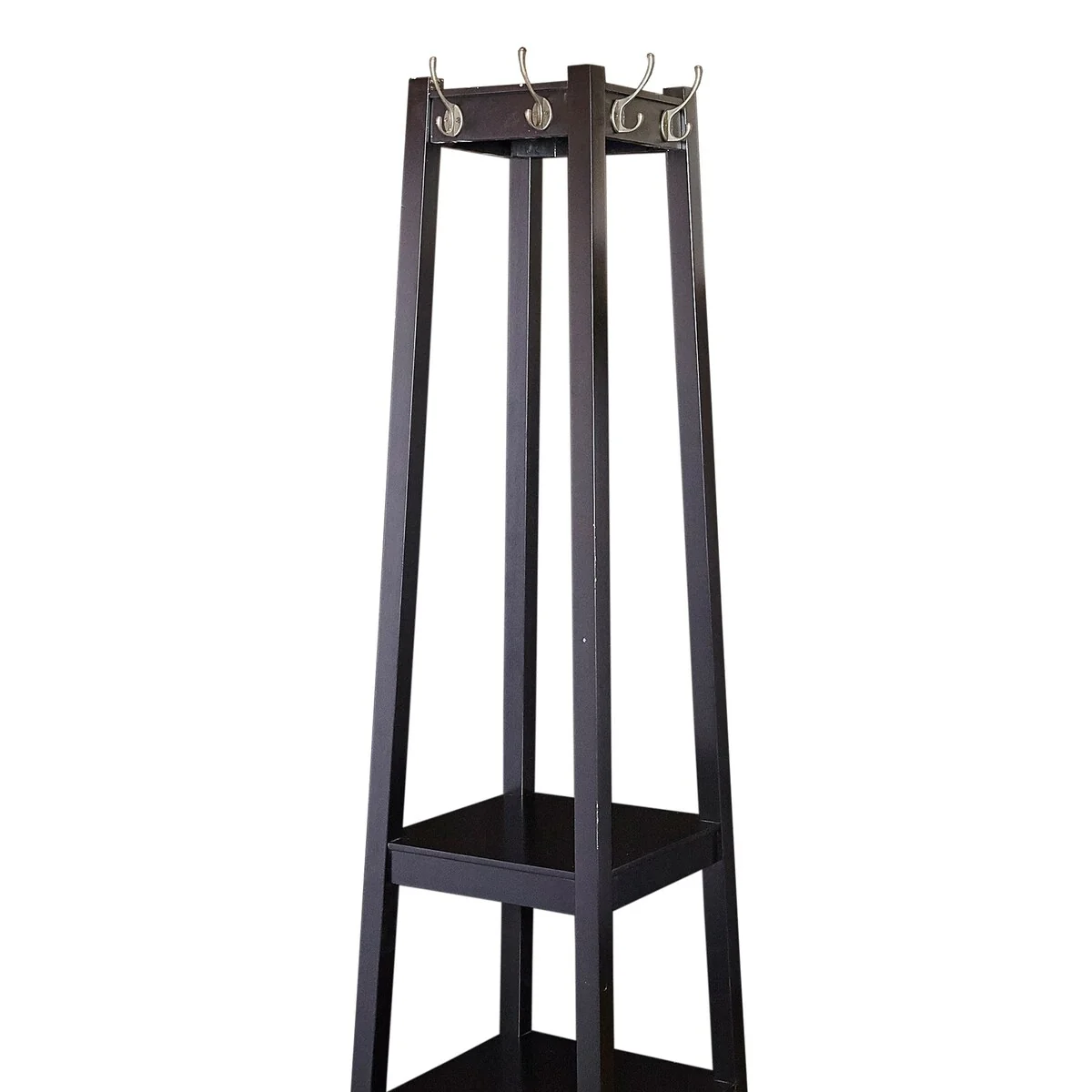 Wooden Coat Rack with Three Shelves and Eight Metal Hooks, Black