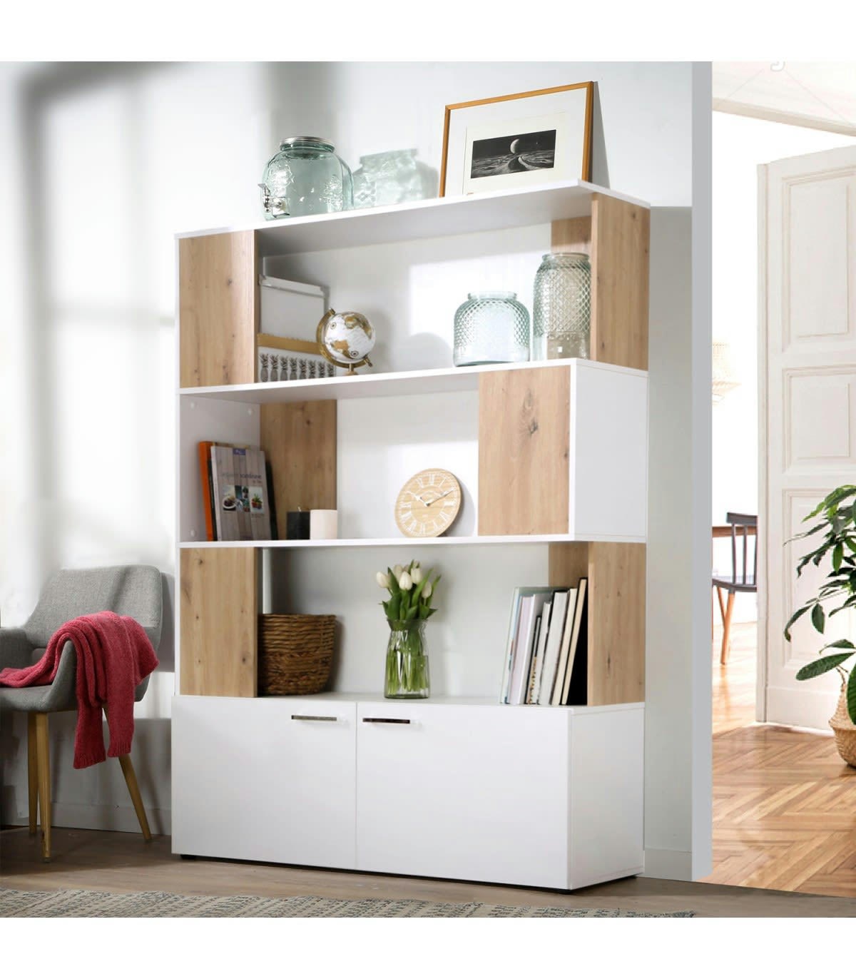 VAREL 1 - Bibliothèque 3 étagères 2 portes - H163cm