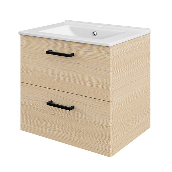 Meuble vasque suspendu effet chêne l.60 cm   plan vasque blanc en céramique, Opah
