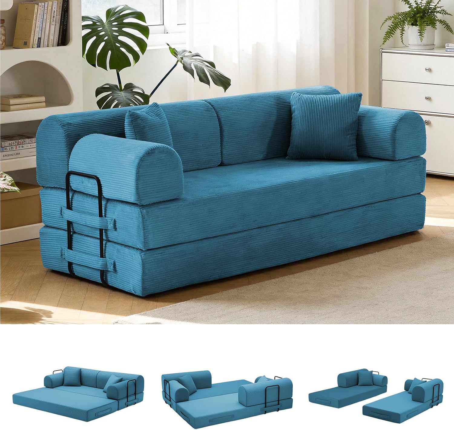 79 Convertible Sofa Bed No Assembly, 6-in-1 Folding Futon Couch Sleeper with Armrests & Pillows, Soft Corduroy Modular Floor Sofa, Reinforced Frame for Small Space Apartment Bedroom (Light Blue)