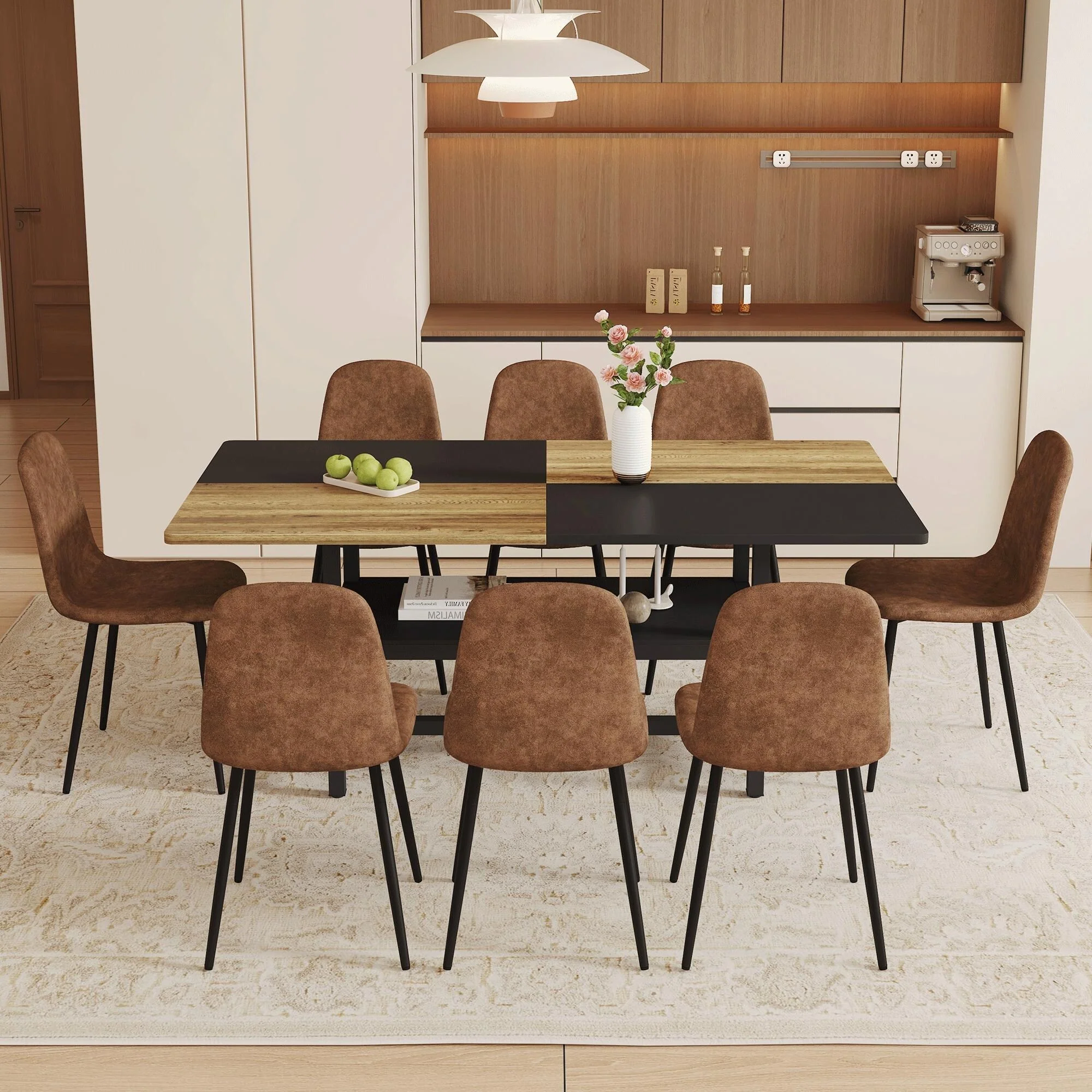 9-Piece Spliced Dining Table with Storage Compartment, Scratch-Resistant MDF Top, Linen-Cotton Chairs, Anti-Slip Feet
