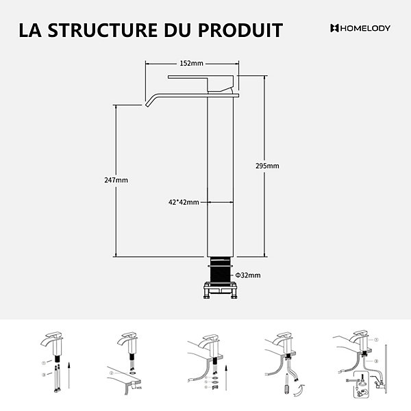 2x Robinet Salle de Bain Noir Cascade Bec Haut Mitigeur de Lavabo Robinetterie en Acier Inox pour lavabo et vasque Design Moderne