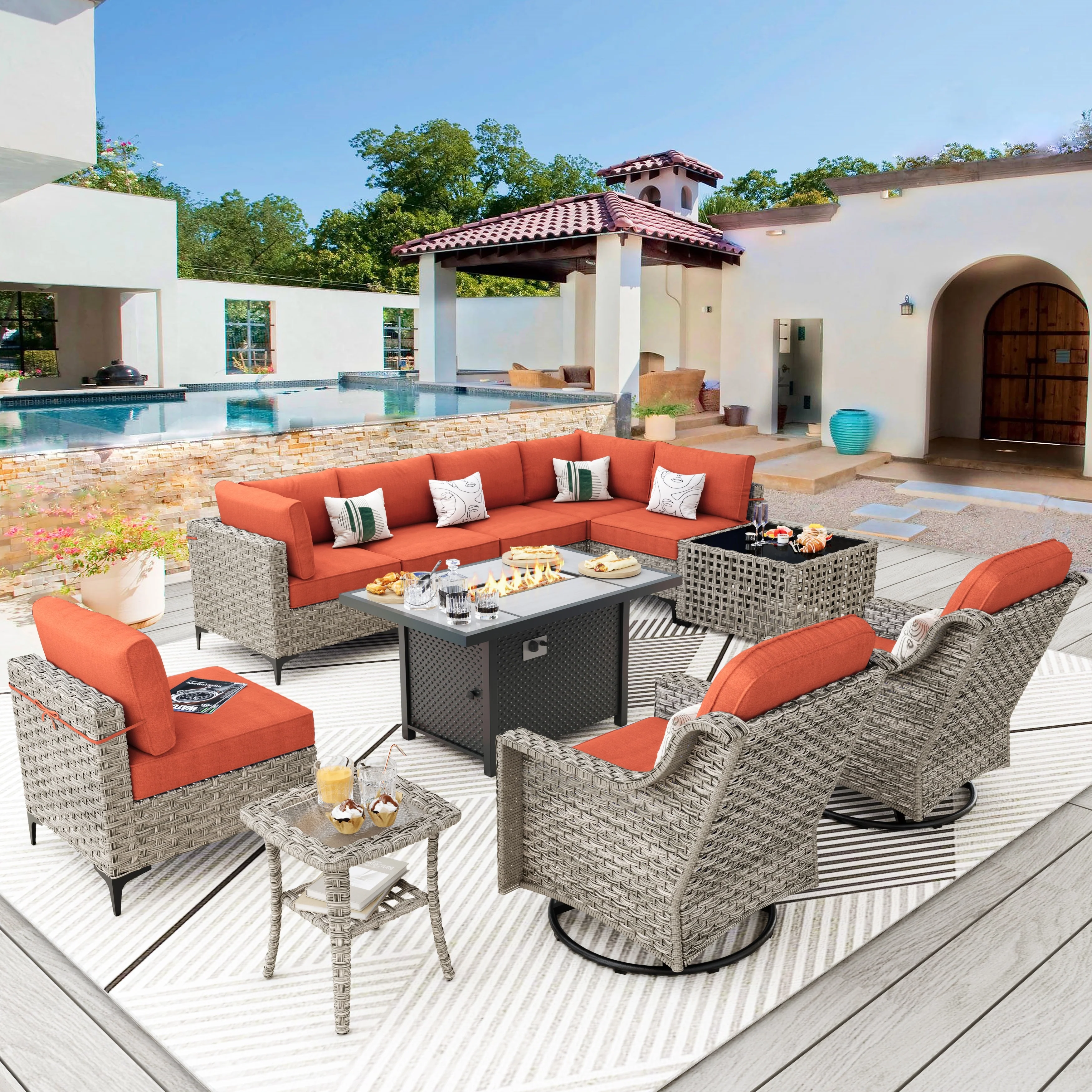 XIZZI 11-piece Patio Rattan Wicker Furniture Set with Fire Pit Table