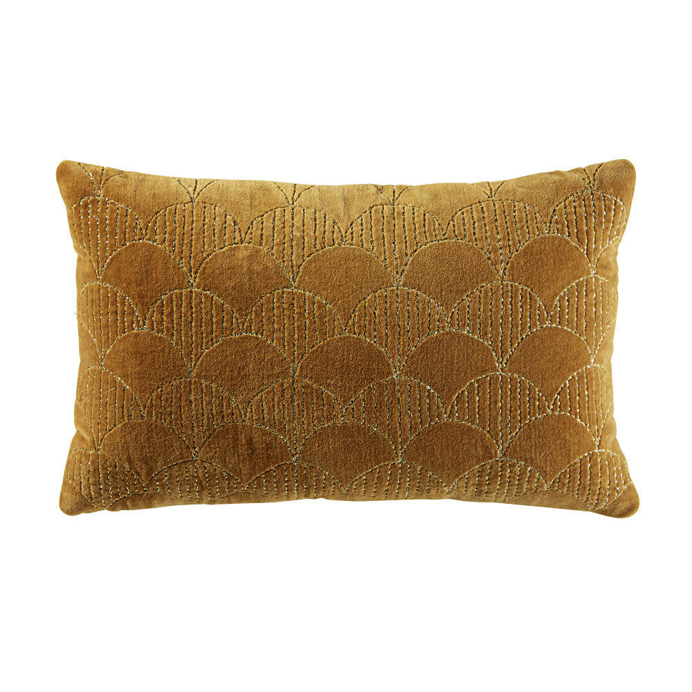 MAGUY - Coussin en velours jaune moutarde motifs graphiques dorés 25x40