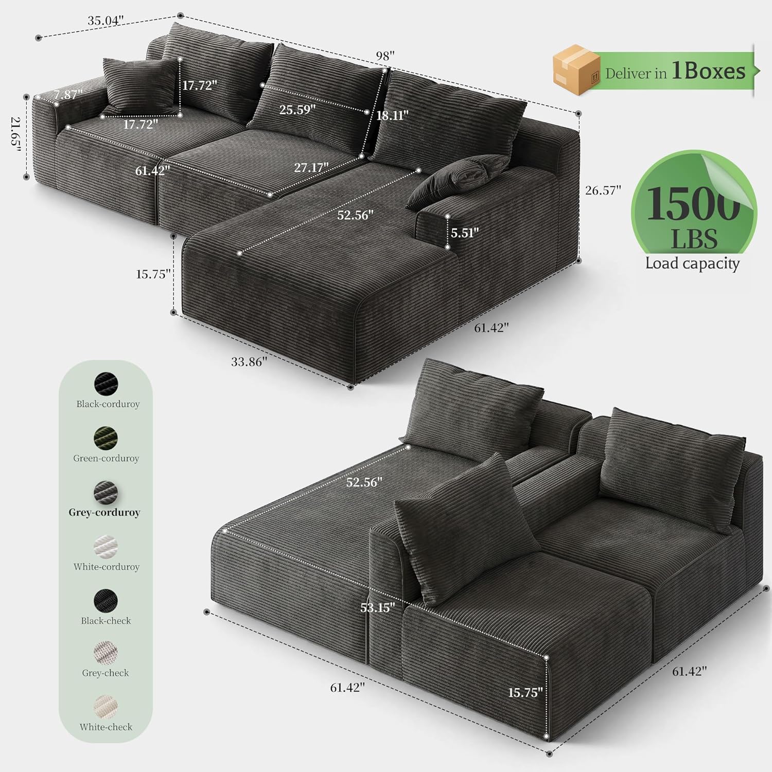 Homkdom Boneless Modular Sectional Couch, Cloud Couch L-Shaped Sofa with 61.5 Deep Seat & Right Facing Chaise – Deep Grey, Pet Friendly, 6 Configurations for Small Space Apartment, No Assembly