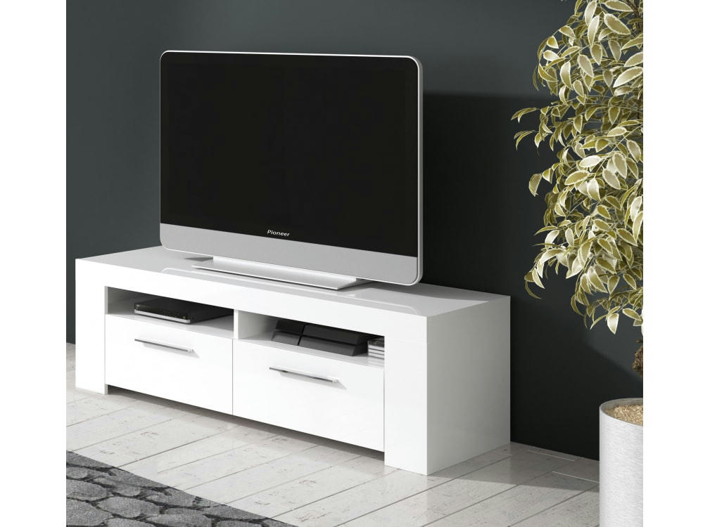 WENDY - Meuble TV blanc 2 portes et 2 niches de rangement L120cm