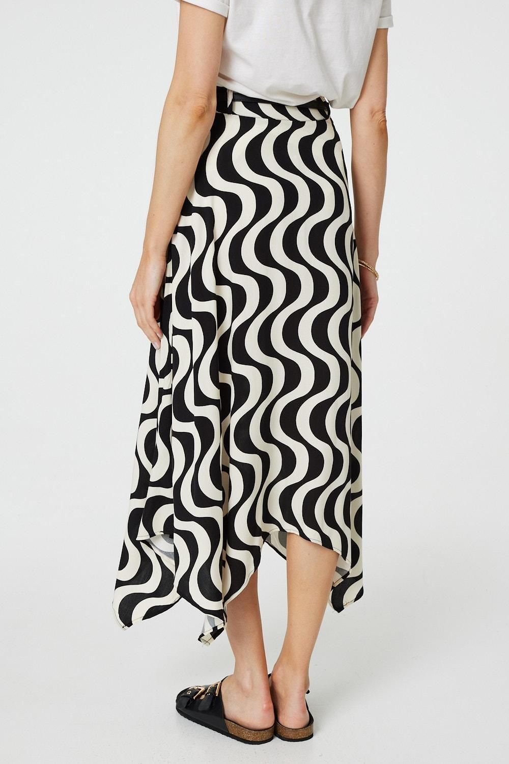 Izabel London Wave Print Hanky Hem Belt Midi Skirt