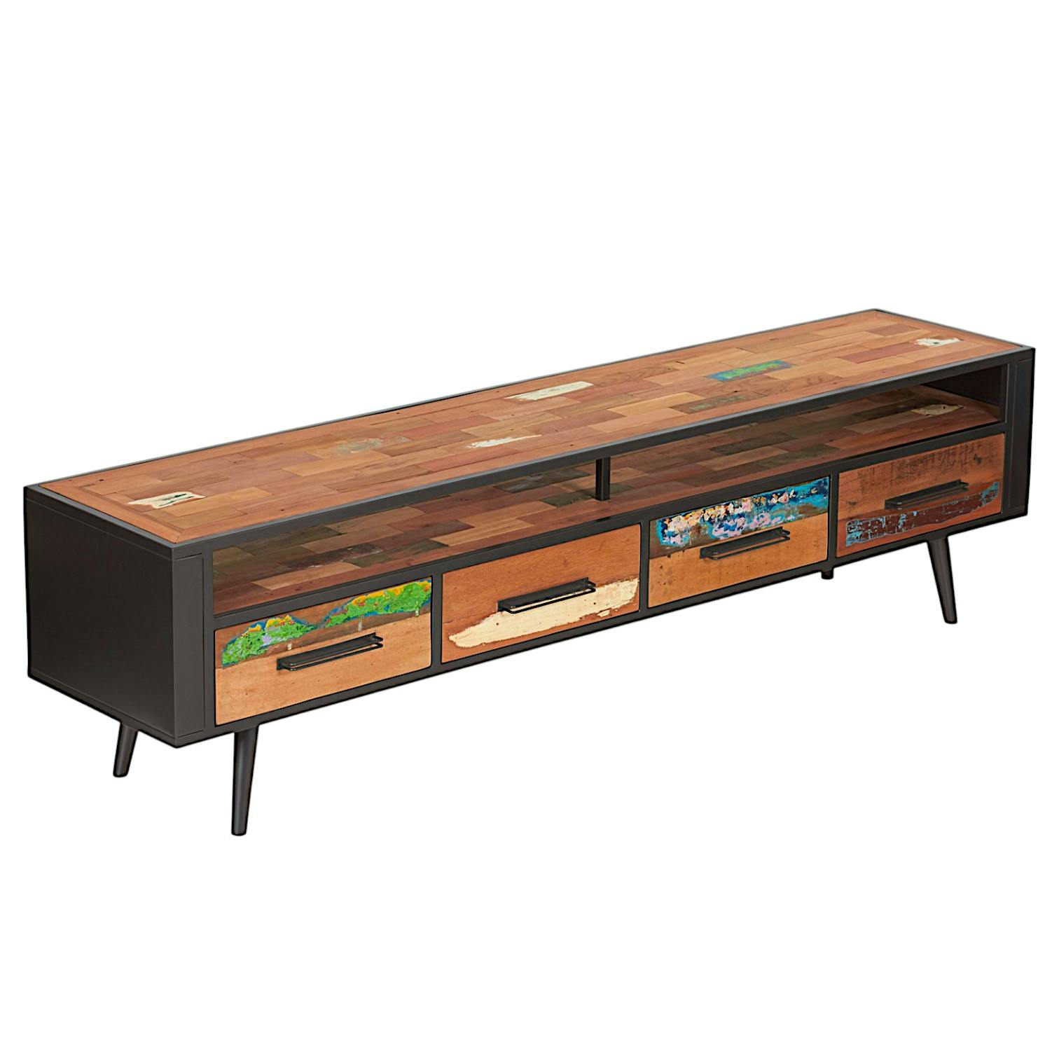 Banc TV 4 tiroirs 1 niche bois recyclé DRAKKAR