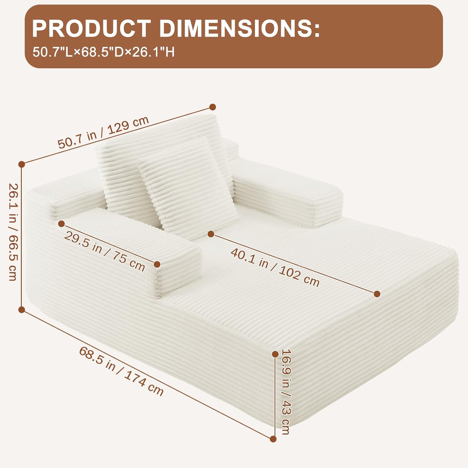 67.5 Inch Oversized Indoor Chaise Lounge, Sofa Bed, Living Room Sofa, Corduroy Sofa, Couches for Living Room, Deep Seat Sleeper Couch Reading Chairs (White)