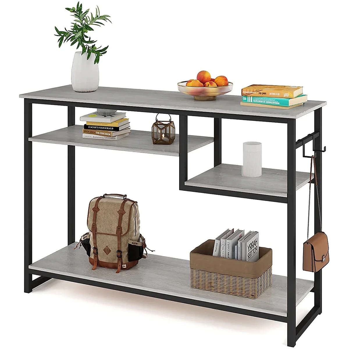 Narrow Console Table with 4 Storage Shelves Rustic