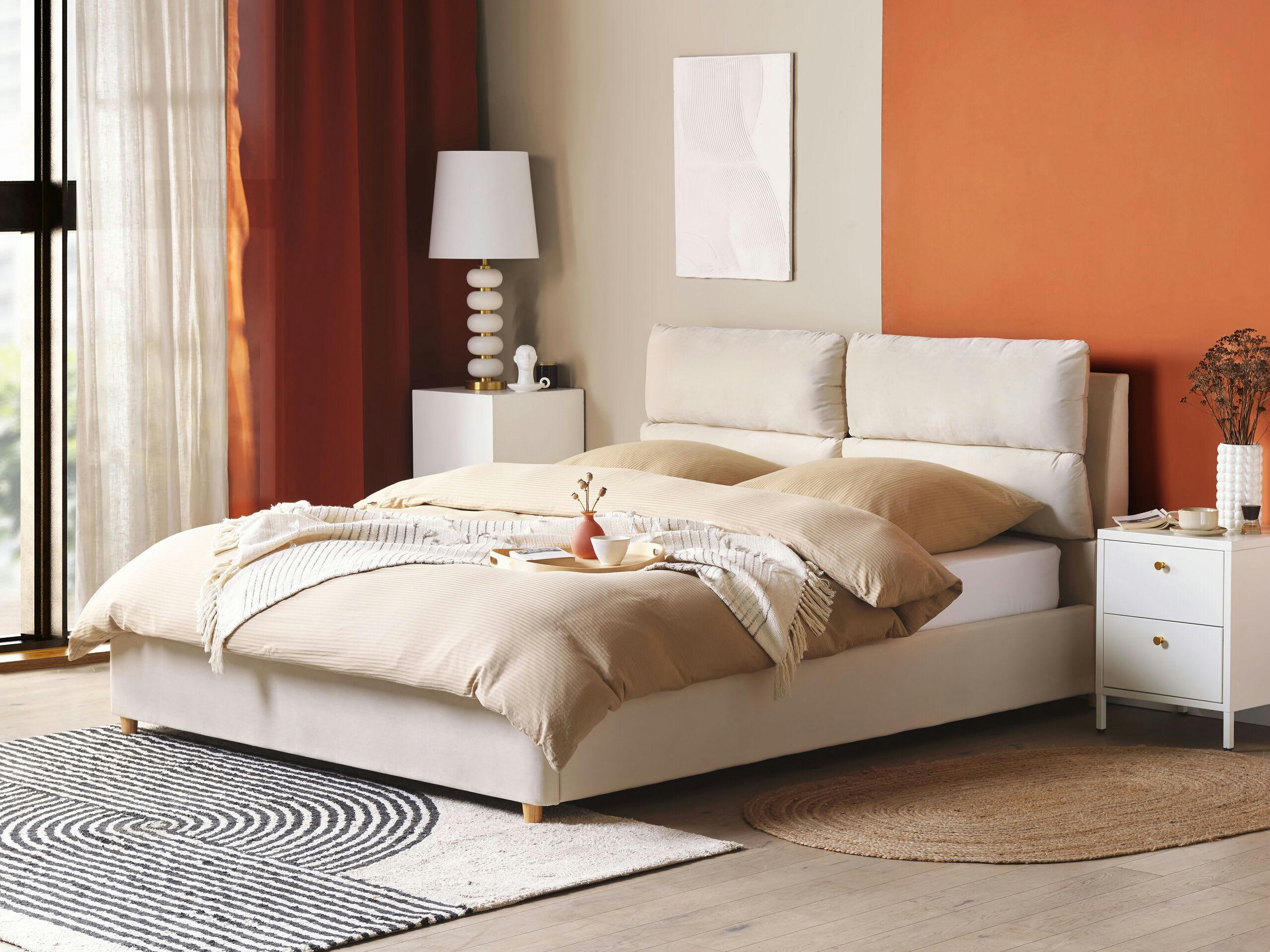 BATILLY - Lit double en tissu beige 160x200