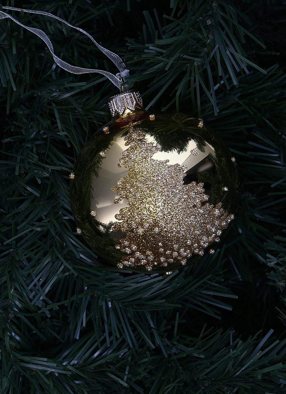 BOULE EN VERRE SAPIN à PAILLETTES DORÉ
