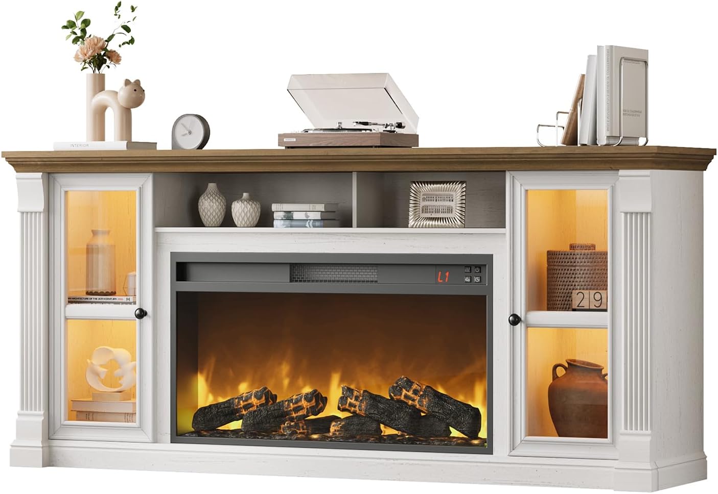 Farmhouse Fireplace TV Stand Up to 80 TVs, 70 Modern Highboy Entertainment Center with 36 Electric Fireplace & LED Lights, Media Console with Adjustable Shelves for Living Room, Antique White