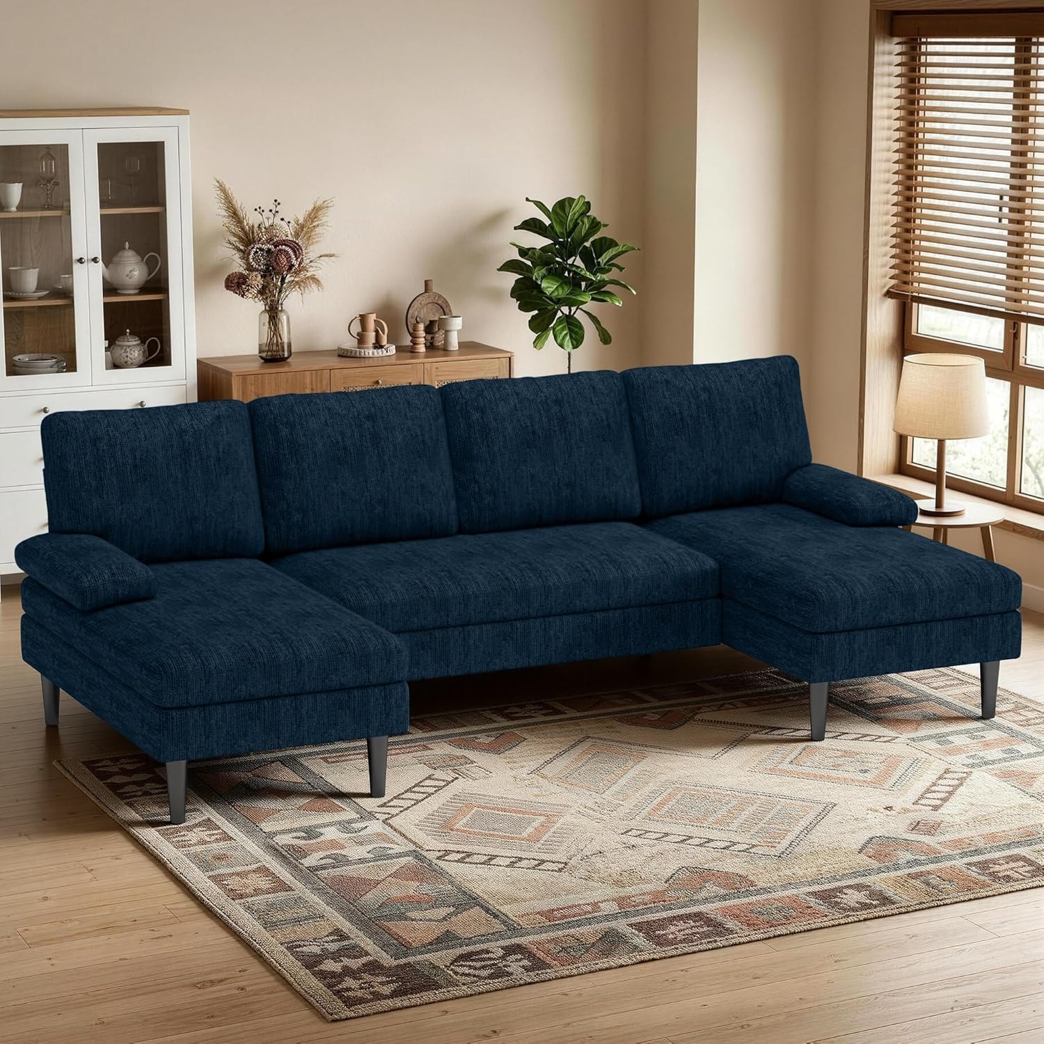 Korser U-Shaped Sectional Couches for Living Room, 101 Inch Modern Modular Sofa with Double Chaise Lounge, Comfy Chenille Fabric 4-Seat Couch Set for Apartment, Blue