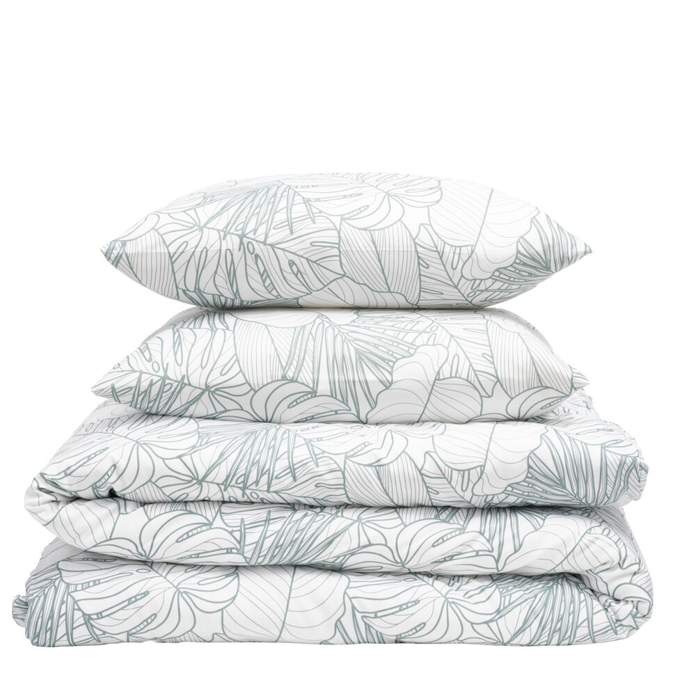 Parure de lit 2 personnes 240x220cm polyester motif feuillage blanc et vert