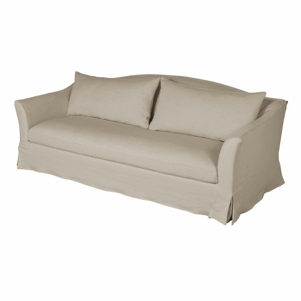 Anaelle - Canapé convertible 3/4 places en lin supérieur beige, matelas 10 cm