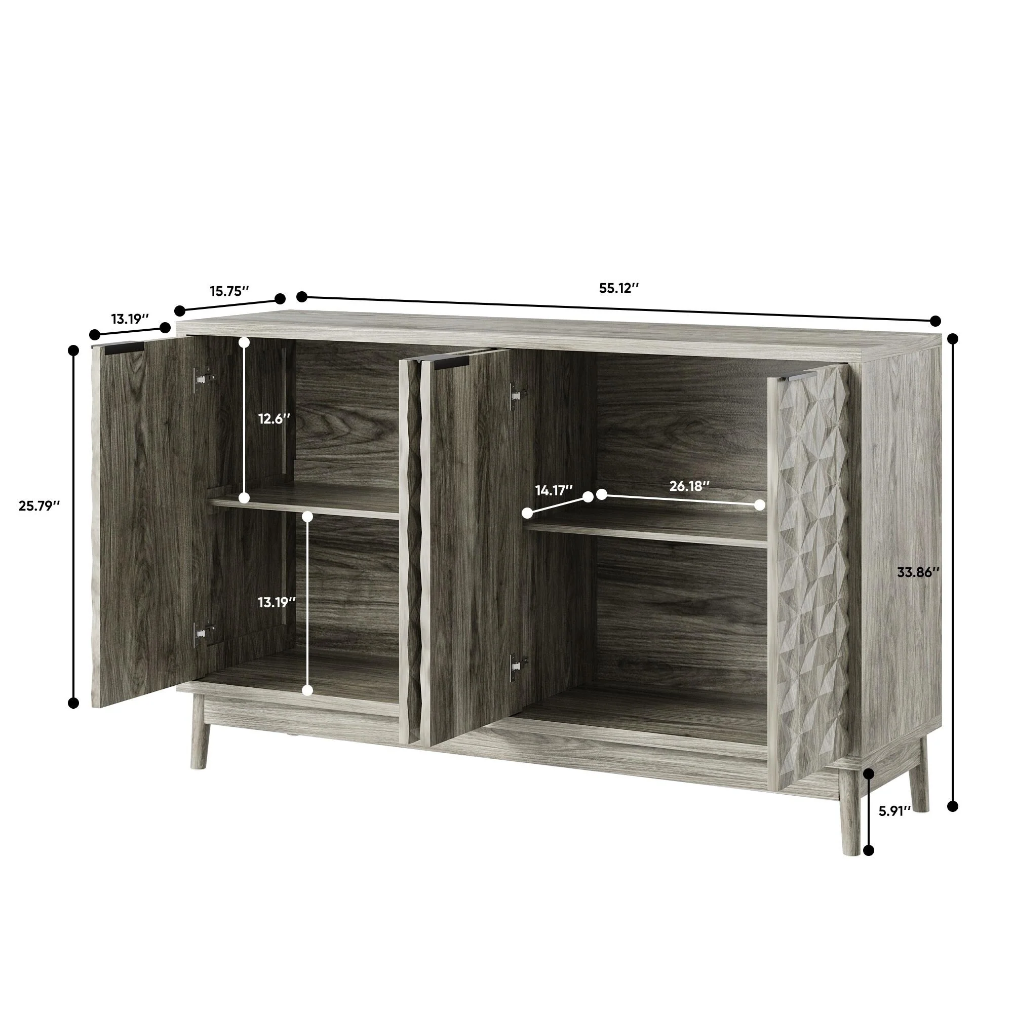 Modern Buffet Cabinet with 4 Diamond-shaped Relief Doors and Movable Laminates